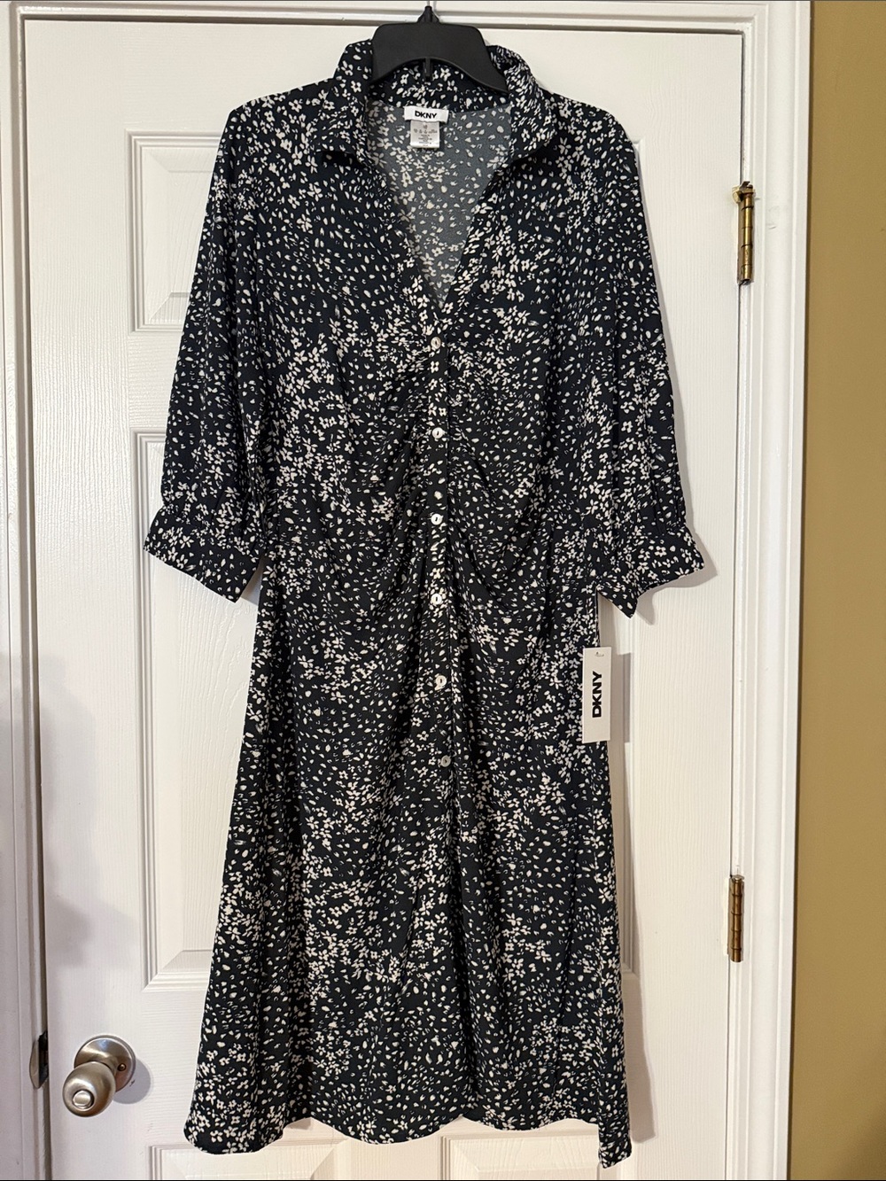 DKNY Black and White Floral-Print Button Midi Dress 10